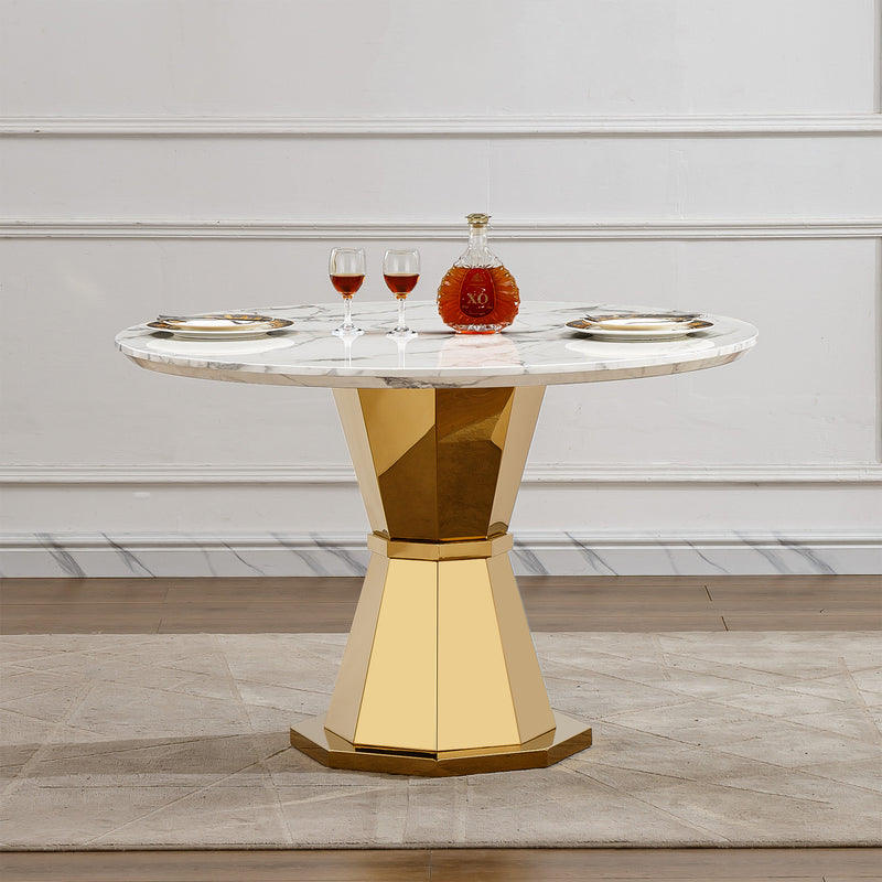 47' Round Marble Dining Table, Modern Kitchen Table with High Gloss Faux Marble Tabletop and Stainless Steel Base for Dining Room, Kitchen (Gold,White)(only table)