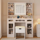 41.3' Makeup Vanity with Sliding Mirror and Lights, Dressing Table with 3 Drawers and 2 RGB Cabinets, Vanity Desk with Open Shelves and Charging Station, White