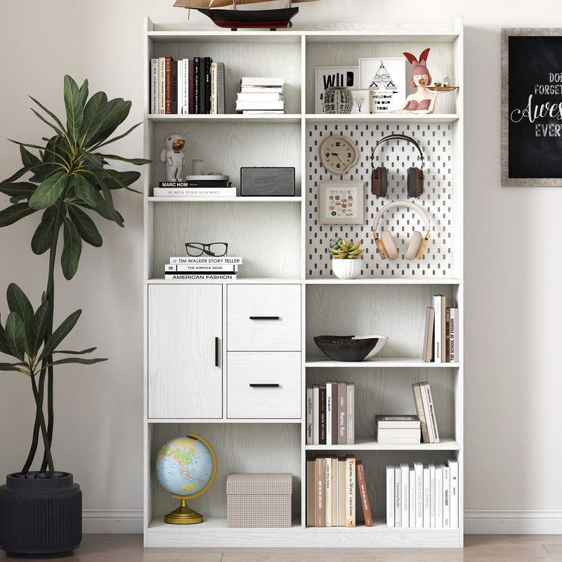 Bookshelf and Bookcase with Pegboard and Drawer, 9 Cubby Display Book Shelves, Modern Wide Wood Shelving Unit for Living Room, White