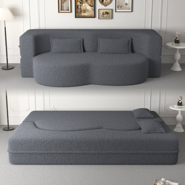 Modern Floor Sofa with 2 Pillows,Convertible Teddy Fabric Foam-Filled Sleeper Sofa Bed,15' Full Size Folding Mattress for Living Room,Guest Bed,Playroom,no assembly required,Grey(New Sku:W1885P272261