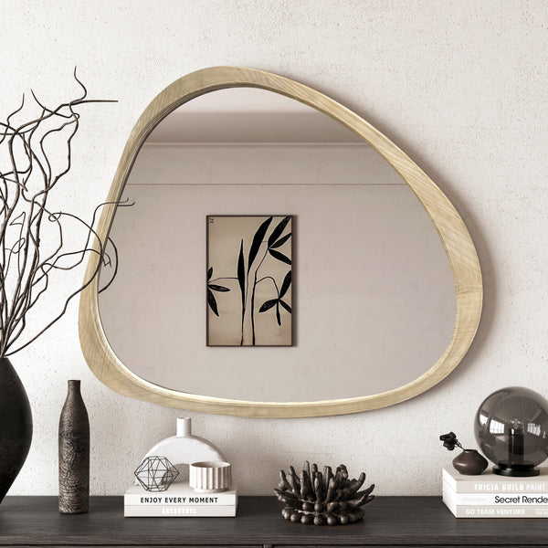 Solid Wood Mirror 45 Inch Asymmetrical Wall Mirror Wooden Framed Mirror Large Sized Dressing Mirror, for Living Room, Bedroom, Bathroom, Hallway or Entry Way, Natural Wood Washed