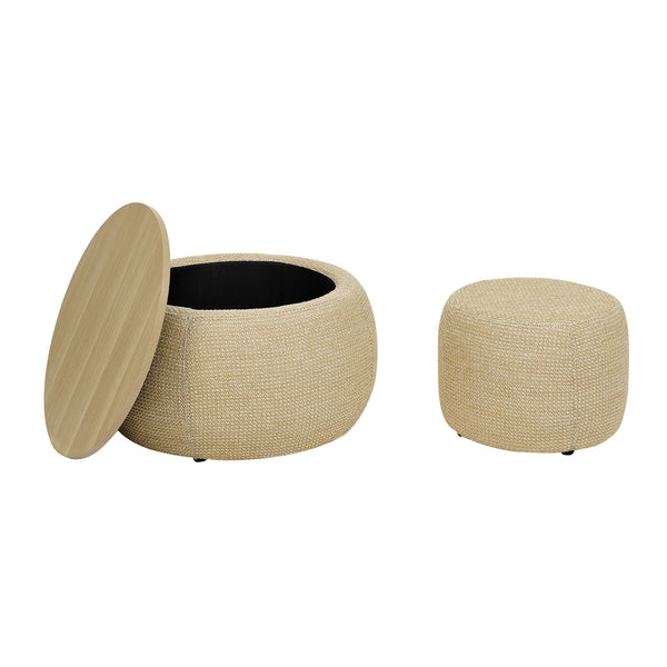 Woven Rattan Fabric Round Storage Ottoman with 2-in-1 Function as End Table and Ottoman, Dark Yellow, 25'x25'x14.7'