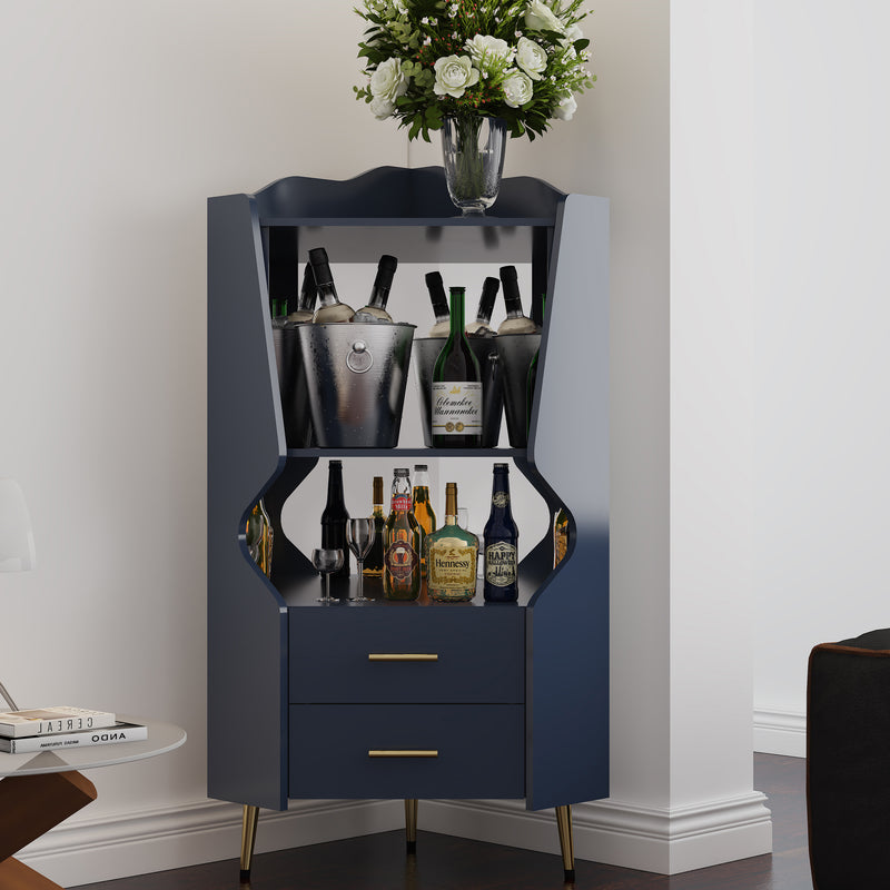 Wooden Corner bar cabinet with 2 open storage shelves and 2 drawers, mirrored back sideboard cabinet, high feet/legs for easy cleaning, buffet cabinet BLUE