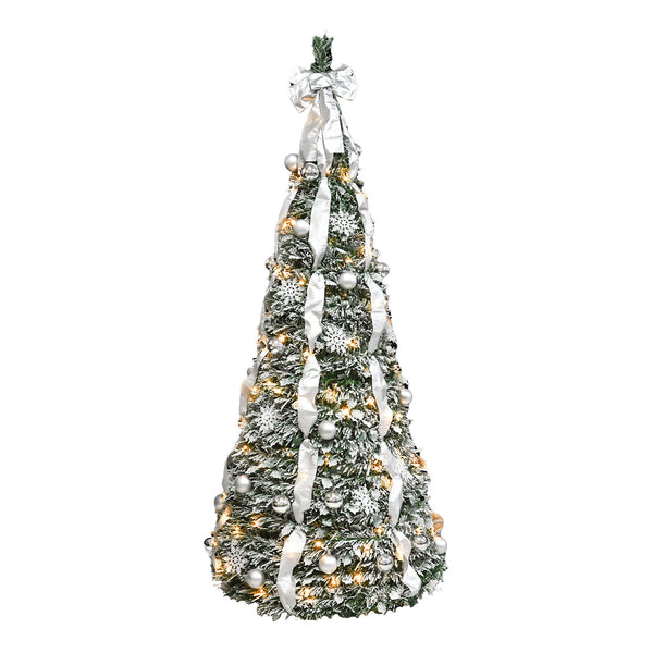 6FT Flocked Pop-Up Christmas Tree with 150 Warm White UL Lights – Pre-Decorated with  Ornaments, Snowflakes, Ribbons & Large Bow – Easy Assembly & Space-Saving Holiday Décor