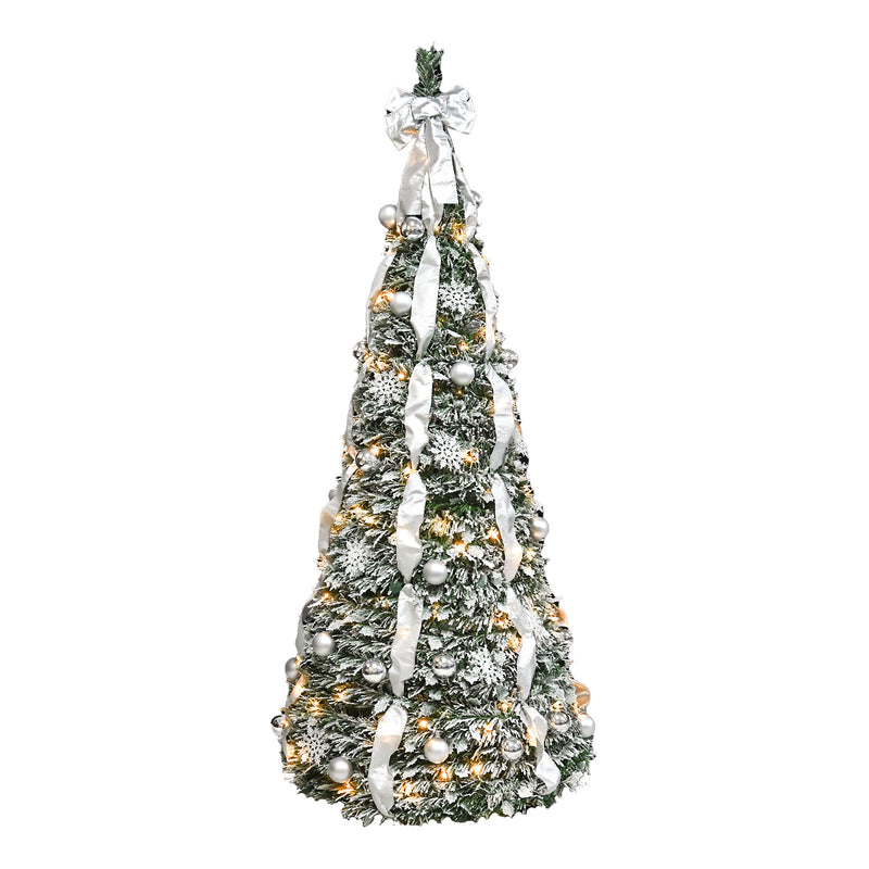 6FT Flocked Pop-Up Christmas Tree with 150 Warm White UL Lights – Pre-Decorated with  Ornaments, Snowflakes, Ribbons & Large Bow – Easy Assembly & Space-Saving Holiday Décor