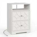 18.9' White Engineered Wood Nightstand with Diamond Carvings, Gold Handles, 2 Drawers & Charging Station