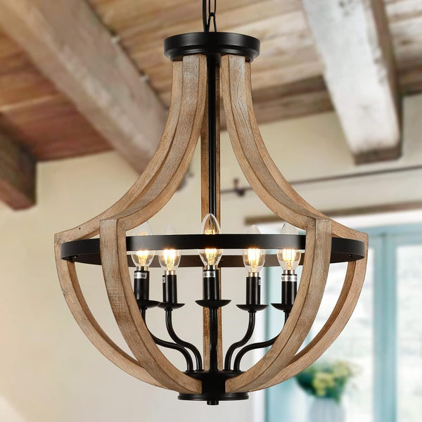 19' Farmhouse Chandelier Light Fixtures, 5-Light Dining Room Light Fixtures Over Table, Solid Wood Modern Chandeliers for Dining Room Living Room Kitchen Island Bedroom Foyer, Height Adjustable, Brown