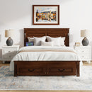 Queen Size Bed with Tall-Panel Headboard & Footboard, 2 Storage Drawers, Built-in LED Lights, USB Charging Station, Pinewood Bed with Strengthened Bed Frame,Walnut