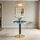Mid-Century Round Bistro Table, 23.6' Emerald Blue Accent Table with Black & Gold Metal Base, High-Gloss UV Faux Stone Small Dining Table, Unique Designer Coffee Table for Apartment.