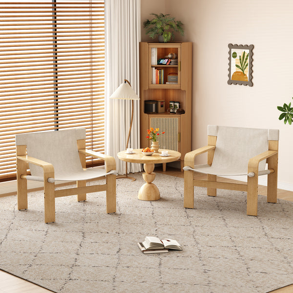 Detachable and washable Oak Accent Chair Wide Armrest Mid-Century Lounge Chair Linen Fabric Armchair & Solid Wood Frame for Living Room, Bedroom, Balcony, (White)