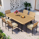 GO 7 Pieces Patio Dining Set, Outdoor Wicker Furniture Set, Plastic-wood Table Top with Umbrella Hole, Rattan Dining set for Backyard, Garden and Poolside, Oatmeal Cushions