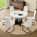 Modern Round Dining Table and 6 Chairs Set, Faux White Marble MDF Tabletop with Black-White Gradient Legs, Upholstered White Dining Chairs with Black Metal Frames for Kitchen & Dining Room