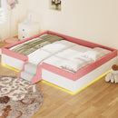 Queen Size Upholstered Floor Bed with Fence, 2-Tier Steps and Smart LED Lights,Pink+White