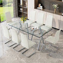 Tempered Glass Dining Table Set for 8, Modern Rectangular Kitchen Table with Electroplated Metal Legs, 8 White PU Leather Upholstered Dining Chairs with Silver Chrome Base