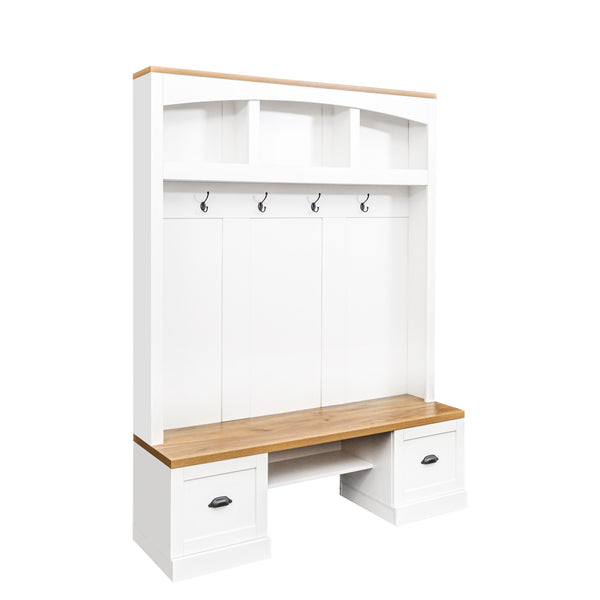 Farmhouse 4-in-1 Hall Tree with Wood Grain Bench and Top, Multifunctional Coat Rack with Black Hooks and Shell Handles, Mudroom Bench with Adjustable Shelves for Hallway, Living Room, White, 55.1W