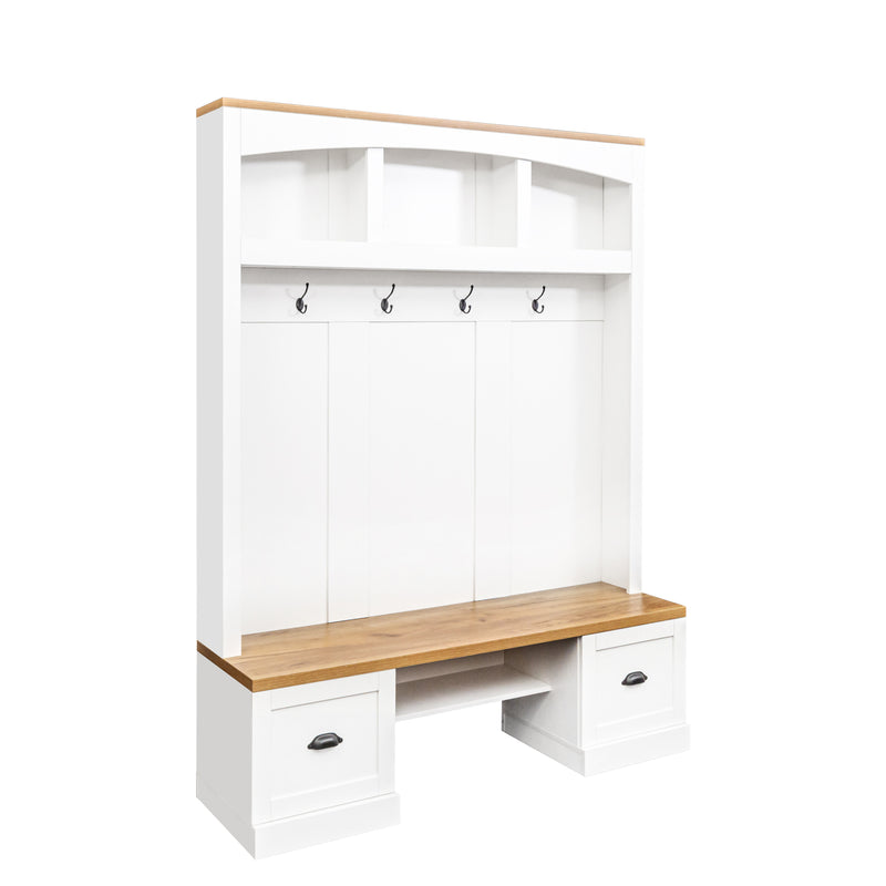 Farmhouse 4-in-1 Hall Tree with Wood Grain Bench and Top, Multifunctional Coat Rack with Black Hooks and Shell Handles, Mudroom Bench with Adjustable Shelves for Hallway, Living Room, White, 55.1W