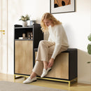 Vividwood L-Shaped Shoe Storage Bench with Flip Drawer & Adjustable Wave Shelves, 39''W Entryway Bench with Machine-Washable Cushion, Rustic Wood-Look Top & Steel Frame for Hallway, Living Room, Black