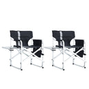 2-Piece Oversized Folding Directors Chair – Black & Gray Aluminum Outdoor Chair with Side Table and Storage Pockets for Camping, Fishing & Picnic