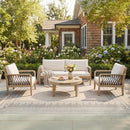 4-Piece Acacia Wood Outdoor Patio Furniture Set, All-Weather Conversation Sofa Set with Rope Woven Armrests, Removable Cushions for Backyard Garden,Light teak+Dark grey rope+Cream cushion