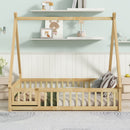 Full Size Rubber Wood Tent-shaped Floor Bed,with Guardrails,Slats and Door,Natural