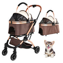 Pet Stroller for Dogs and Cats, 2-in-1 Detachable Foldable 4 Wheels with Sun Canopy, Khaki++Gold, Carbon Steel Frame