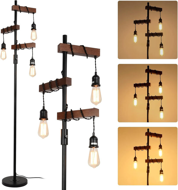 Dimmable Industrial Floor Lamp, Farmhouse Tree Floor Lamp, 68 Inch 3 Lights Wood Standing Lamp, Sturdy Base Tall Vintage Pole Light, Metal Black Floor Lamps for Living Room Bedroom Office Rustic Home