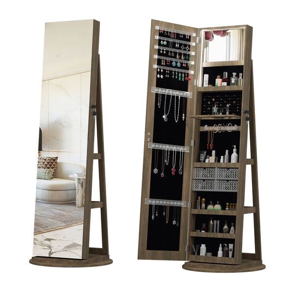 360°Swivel Jewelry Cabinet with Full Length Mirror, 360°Rotating Standing Jewelry Armoire Organizer , Lockable Storage Cabinet, Interior Lighted Mirror, Brown