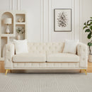 [Video] Classic modern sofa: 82.5-inch Chesterfield-style sofa with tufted detailing and luxurious velvet upholstery, featuring 2 throw pillows and metal legs,beige