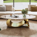49.2' Faux Marble Oval Coffee Table, Contemporary Gold Stainless Steel Base, Modern Center Table for Living Room