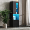ON-TREND High Gloss Storage Cabinet with LED Lights, 67' Tall Pantry Cabinet with Acrylic Door, Modern Bookcase & Display Cabinet with Open Countertop and Tempered Glass Shelves for Living Room, Black