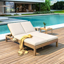 TREXM 5-Position Adjustable Backrest Double Chaise Lounge Outdoor, Outdoor Chaise Lounge with Cushion and Folding Side Trays for 2 People, Patio Double Chaise Lounge for Poolside Garden, Light Teak