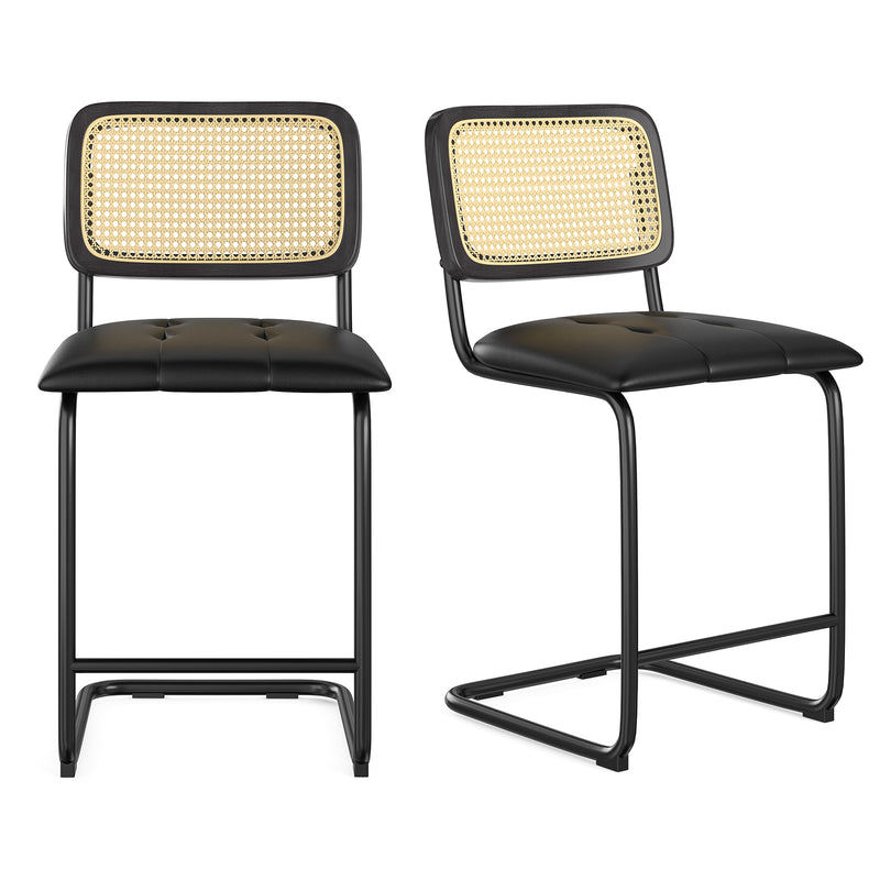 Farini Counter Height Bar Stools Set of 2, Upholstered PU Leather Barstools with Rattan Back, 24 inch Stools Armless Bar Chairs for Kitchen Island