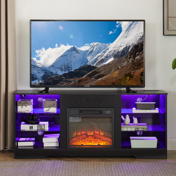 TV Stand Electric Fireplace  Glass Shelves, 3D Fireplace TV Stand with LED Lights Wood with USB Charging Outlet Modern Television Table Center for TV up to 62' Black 58''W*15.5''D*24.4