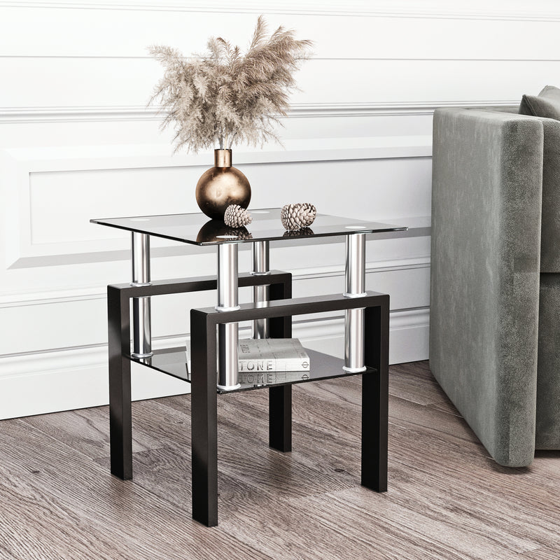 Modern Tempered Glass Tea Table Coffee Table End Table, Black, Square, 1-Piece for Living Room