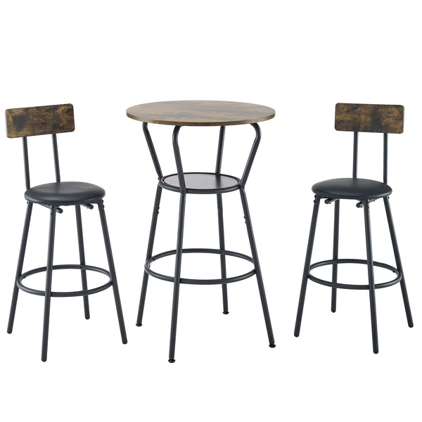 Rustic Brown Round Bar Table and Stool Set with Shelf, Upholstered Stool with Backrest, Metal & Wood, 24.17'W x 24.17'D x 36.02'H