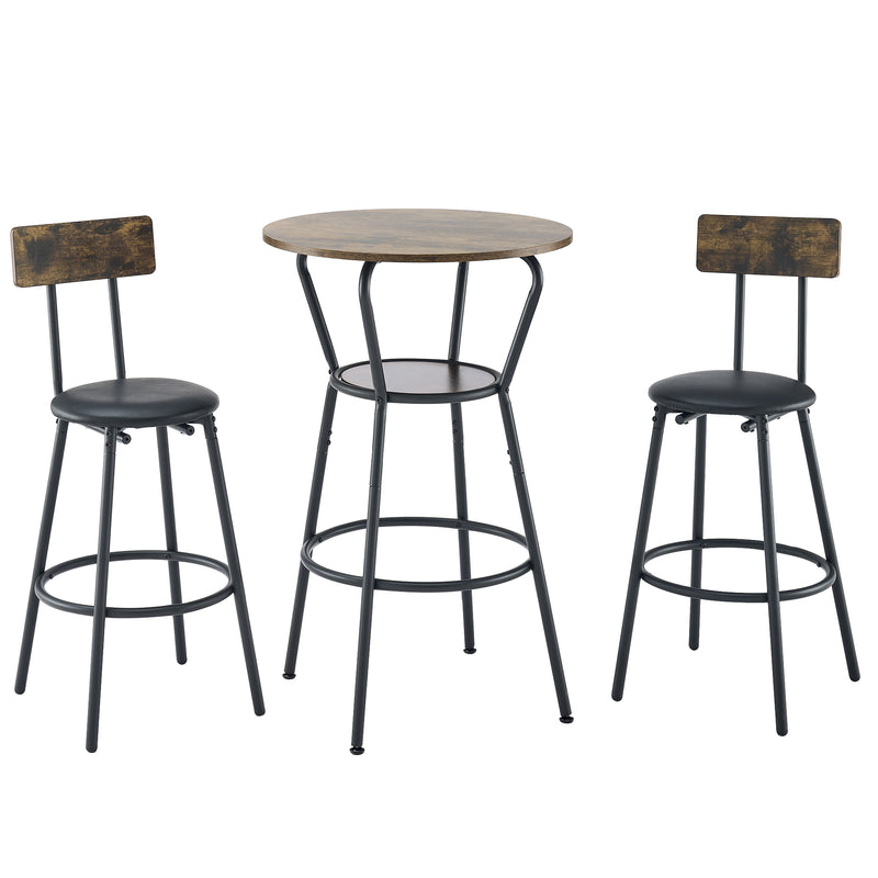 Rustic Brown Round Bar Table and Stool Set with Shelf, Upholstered Stool with Backrest, Metal & Wood, 24.17'W x 24.17'D x 36.02'H