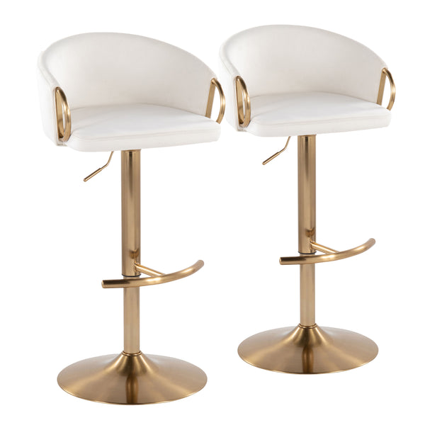 Claire Contemporary/Glam Adjustable Barstool with Swivel in Gold Metal and Cream Velvet with Rounded T Footrest by LumiSource - Set of 2