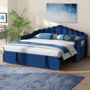 Upholstered Twin Size Daybed with Adjustable Height Pop Up Trundle Twin Bed and USB & Type-C Charging Port, Day Bed Frame with 2 Side Pockets, No Box-Spring Needed, Blue(Old SKU:N733S285118C)
