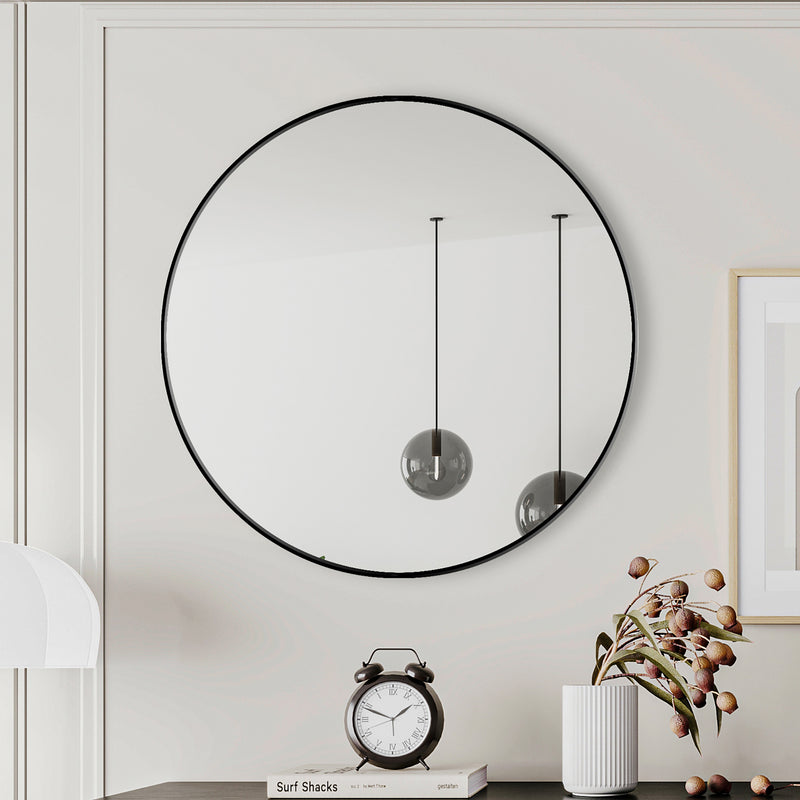 Wall Mirror 28 Inch Black Circular Mirror Metal Framed Mirror Round Vanity Mirror Dressing Mirror, for Bathroom, Living Room, Bedroom Wall Decor