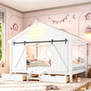 Full Size Farmhouse Bed with Sliding Barn Door and Light Bulb, Wood house Bed Frame with Stair and Drawers, White