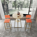 Bar table and chairs three piece set, gold frame, sponge made seat cushions and backrests, bar table with storage function (gold+beige+orange cushion)