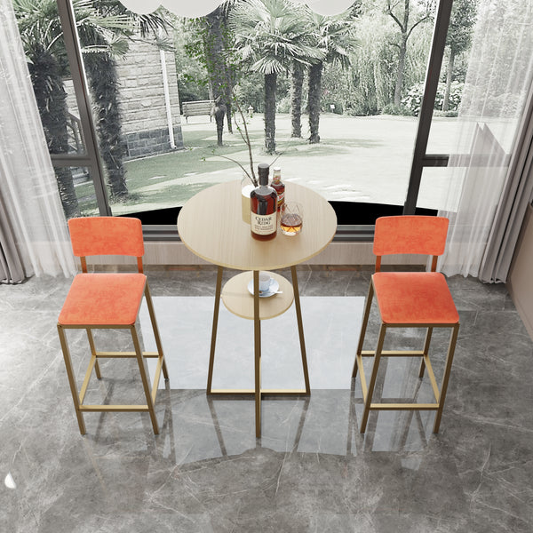 Bar table and chairs three piece set, gold frame, sponge made seat cushions and backrests, bar table with storage function (gold+beige+orange cushion)