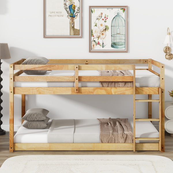Solid Wooden, Solid Rubber Wooden Twin over Twin Loft Bed with Ladder, with Bed Platform of Strengthened Slats  , Natural