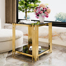 Modern Black Mirror End Table for Living Room, Square,Asymmetrical Metal, Gold Finish & Lower Shelf, 19.9'
