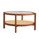 Modern Minimalist Circular Double-Layer Solid Wood Coffee Table with Glass Top, PE Rattan Layer, Walnut Finish