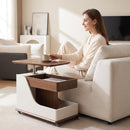 A small side table or coffee table with an adjustable height, suitable for the living room, balcony or bedroom. It is portable and features storage compartments, available in off-white and walnut.