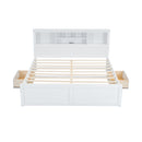 King Size Wood Platform Bed with Multi-storage Headboard, USB and Drawers, White, Solid Wood+MDF, 91''L x 78.3''W x 43.8''H