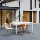 4-Pack Modern Striped Color Block Chairs-Indoor/Outdoor PP Seat & Sturdy Metal Legs, White, Orange, Beige with 55 Inch White Modern Long Table - Indoor/Outdoor- Lightweight PP Tabletop with Metal