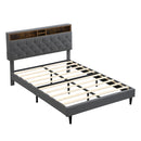 Modern Dark Grey Queen-Size Upholstered Platform Bed Frame with Button-Tufted Linen Headboard and USB Ports