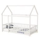 Twin Size House Floor Wooden Bed with Roof Frame,Safety Guardrails,White